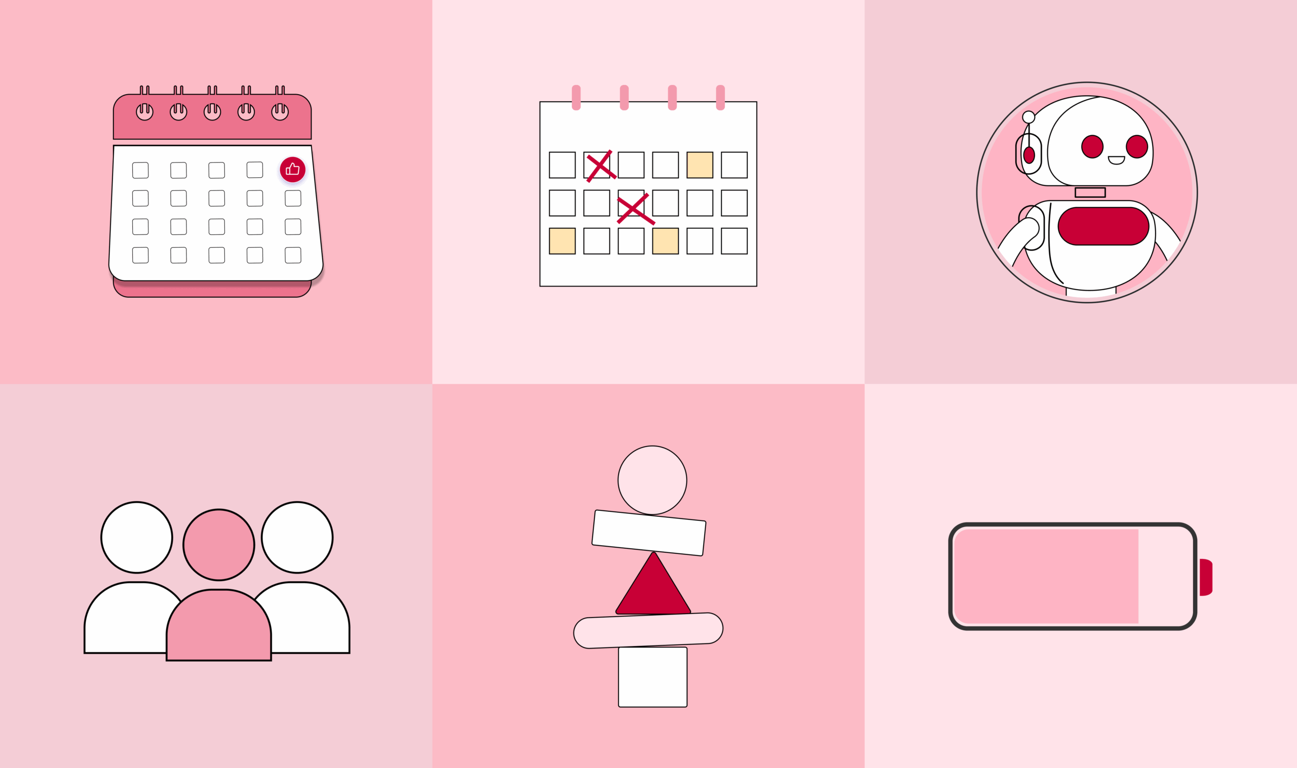 Poster titled 'Long-Term Habits That Drive Sustainable Productivity (Tips 13–18)', featuring six icons: a calendar with repeated dots for routine building, a marked calendar for habit tracking, a robot representing automation, a group of people symbolizing collaboration, a balancing scale representing work-life balance, and a low battery icon indicating energy management.