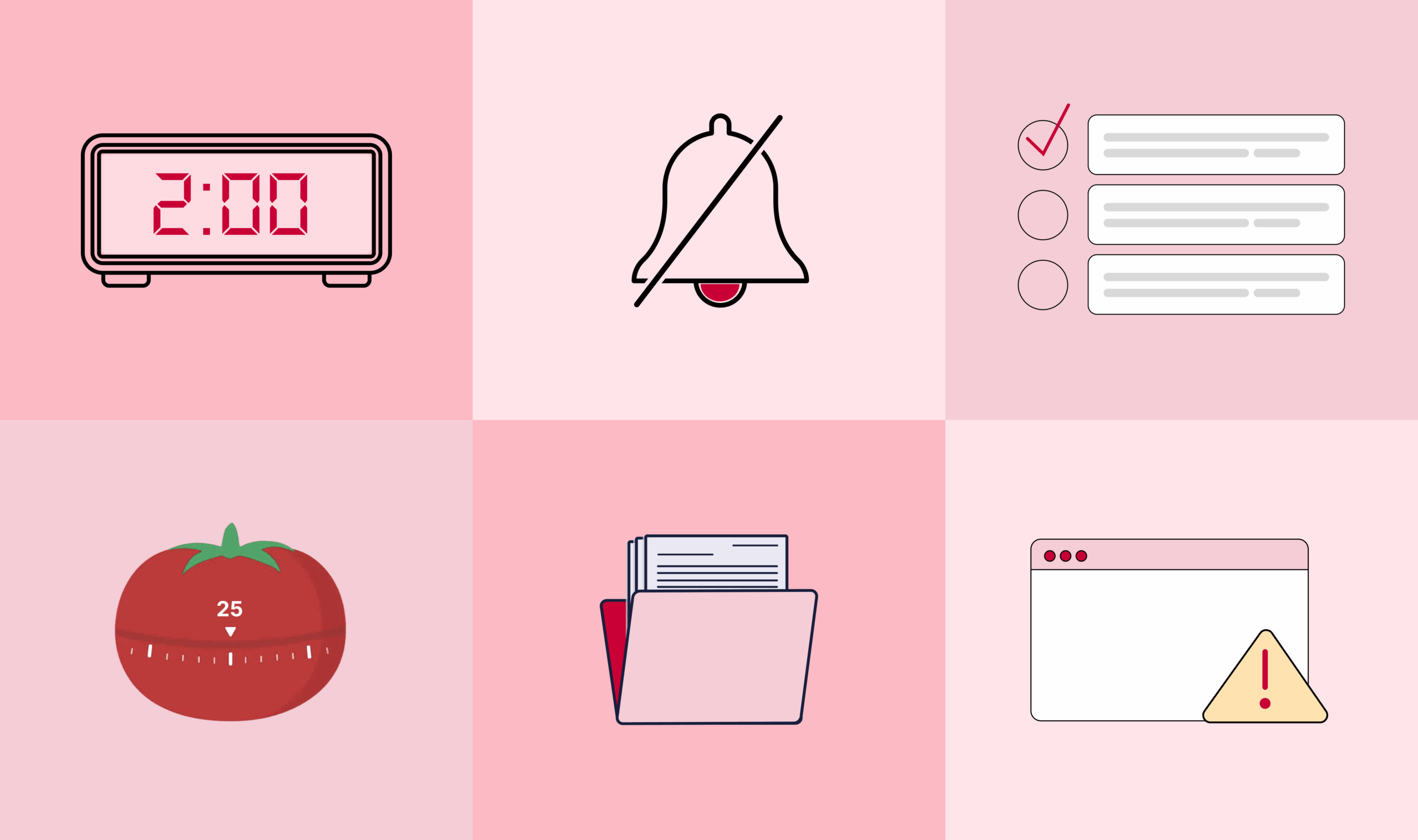 Visual grid of 6 icons representing effective time management tips and strategies including a 2-hour timer, notification bell, task checklist, Pomodoro timer, file folder, and warning alert showcasing quick wins you can apply today.