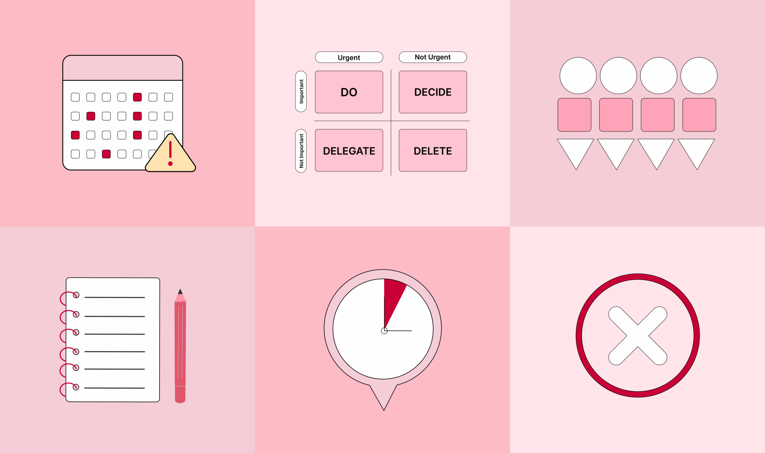 isual summary of time management strategies including a calendar reminder, Eisenhower Matrix (Do, Decide, Delegate, Delete), team delegation icons, a notebook and pencil, a time-blocked clock, and a cancel symbol, representing tips 7–12 for effective time management.
