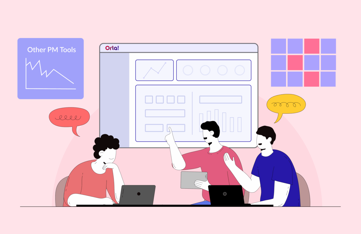 "Three people collaborating around a computer showing a project management interface, with colorful office decor including charts and speech bubbles.
