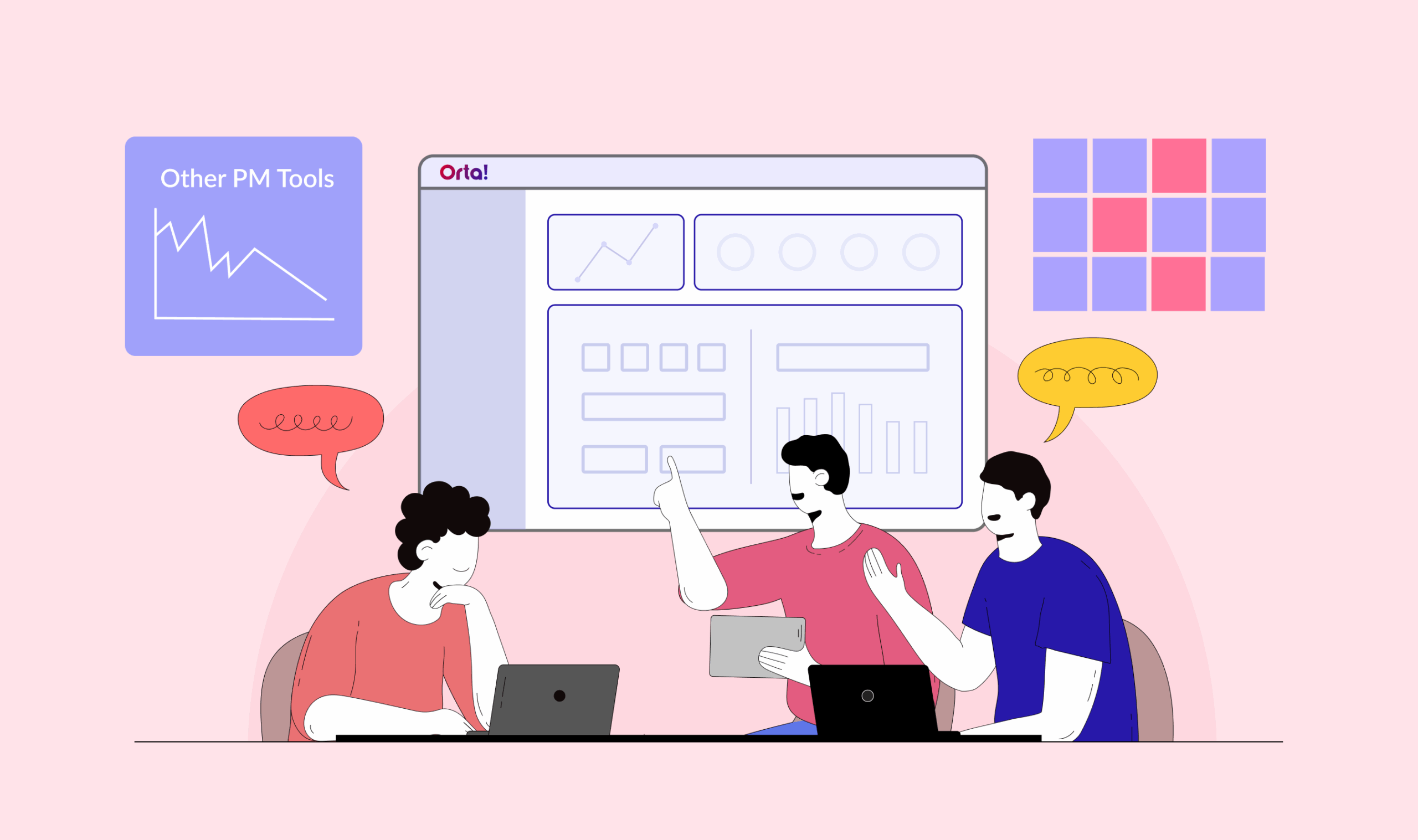 "Three people collaborating around a computer showing a project management interface, with colorful office decor including charts and speech bubbles.